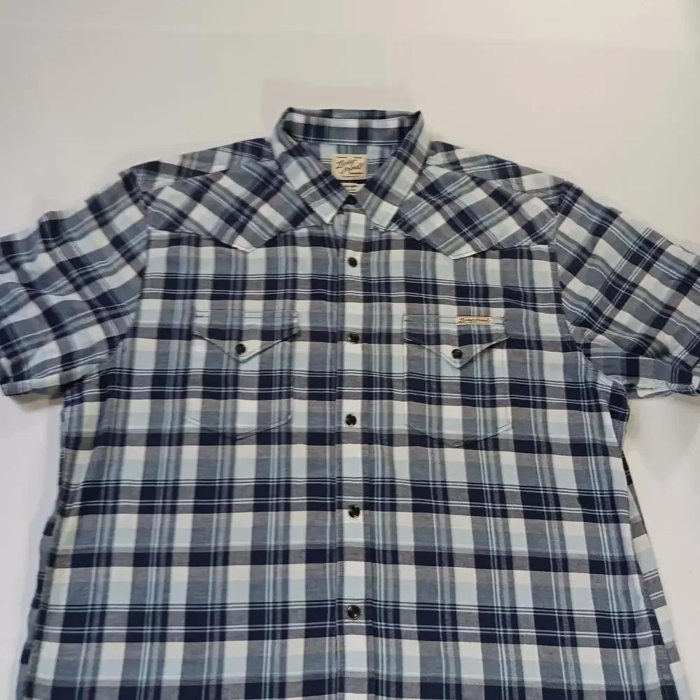 Lucky Brand Sportswear Men's Western Pearl Snap Button Up Blue Plaid Shirt Sz L - Picture 11 of 16
